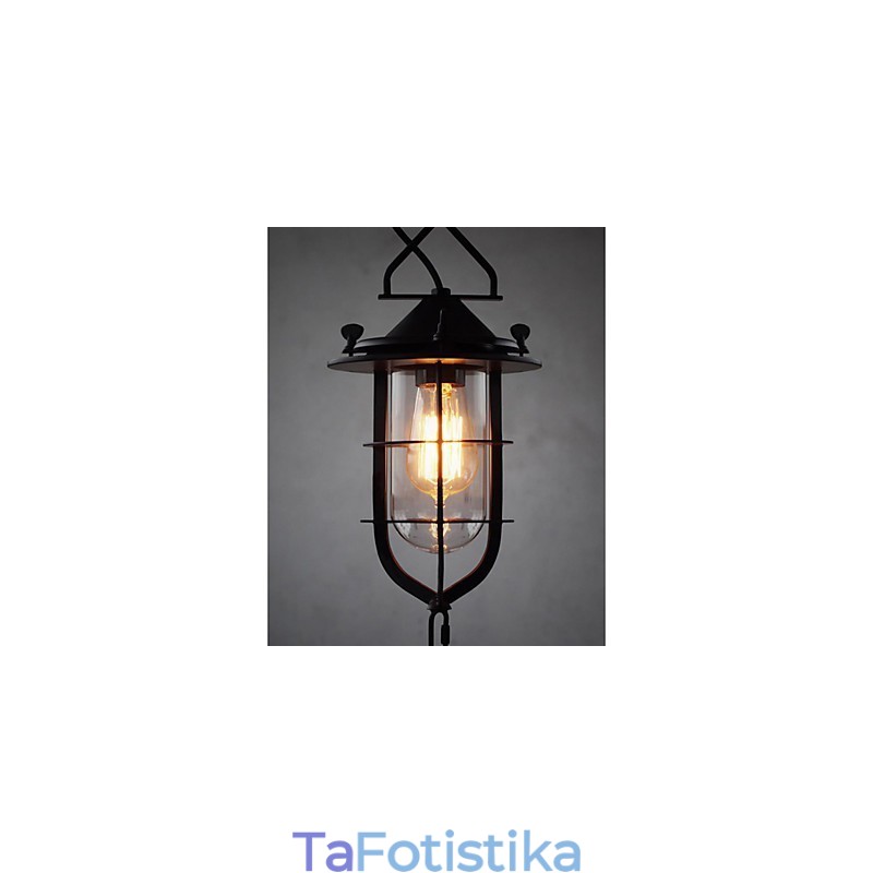 Κρεμαστό φως μεσαίου vintage μαύρου κλουβιού σε σχήμα γυαλιού και μεταλλικού καλύμματος
