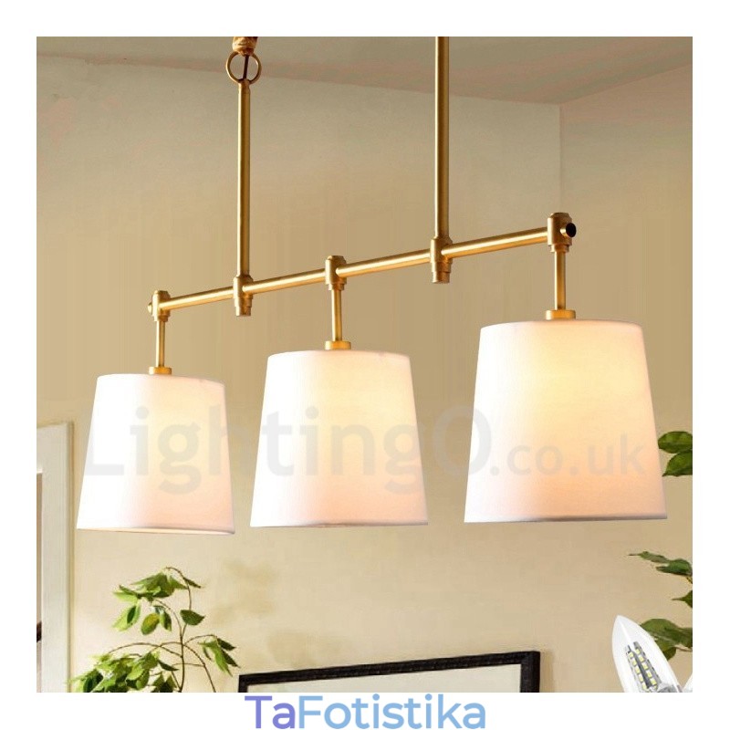 Country Retro 3 Light Χάλκινο Φωτιστικό Πολυέλαιος με Υφασμάτινο Φωτιστικό Σκιάς