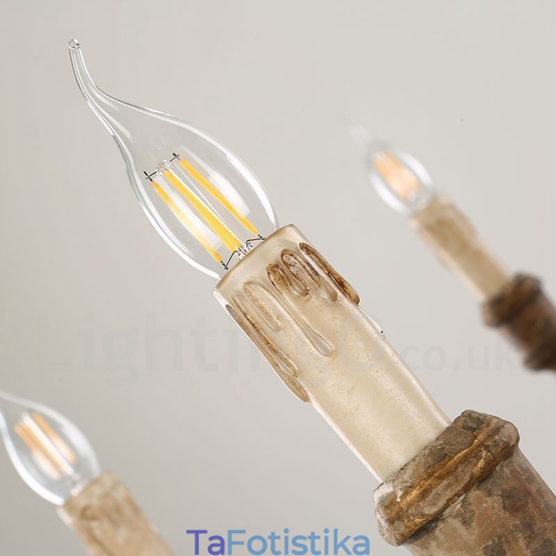 Country Vintage Ξύλινο 6 Φωτιστικό Πολυέλαιος