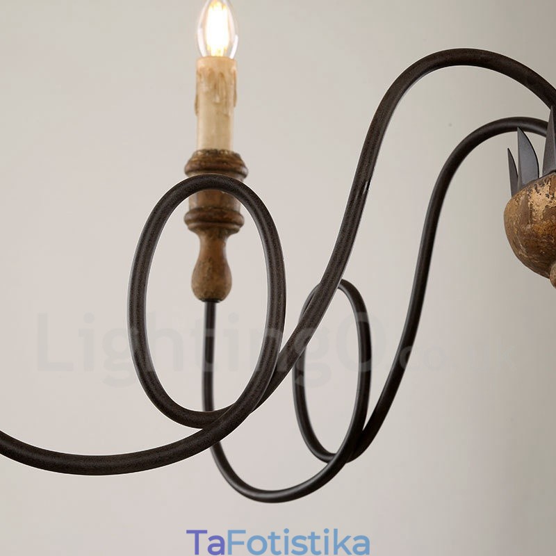 Country Vintage Ξύλινο 6 Φωτιστικό Πολυέλαιος