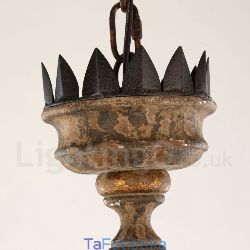 Country Vintage Ξύλινο 6 Φωτιστικό Πολυέλαιος