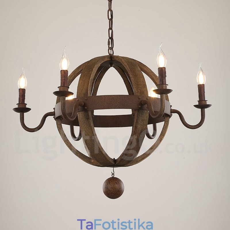 Country Vintage Ξύλινο 6 Φωτιστικό Φωτιστικό Πολυέλαιος