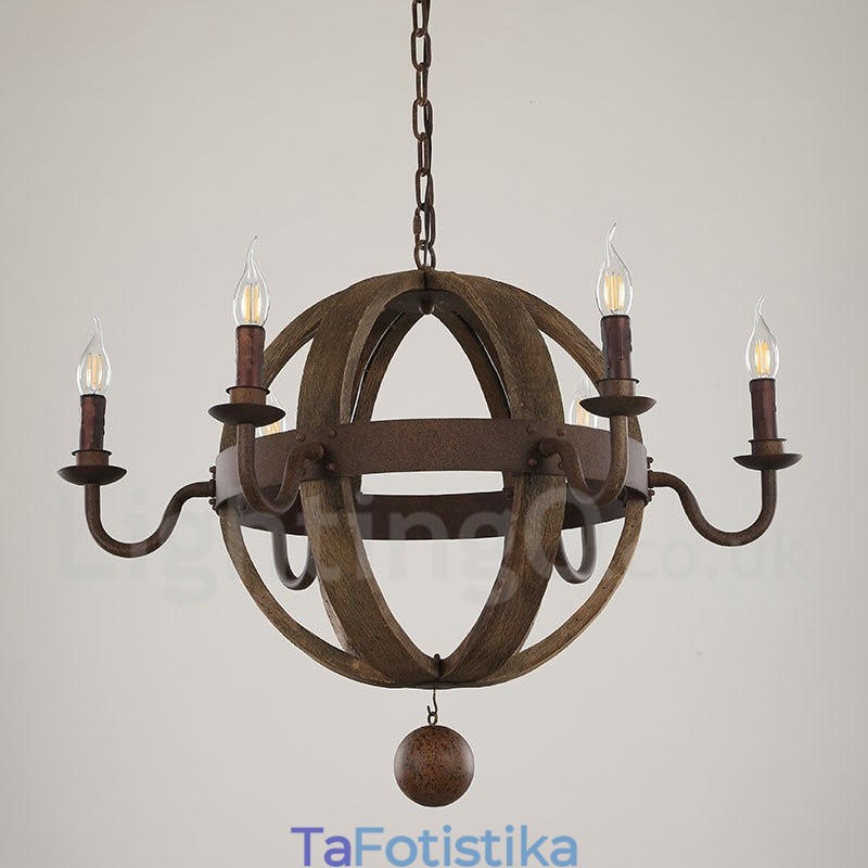Country Vintage Ξύλινο 6 Φωτιστικό Φωτιστικό Πολυέλαιος