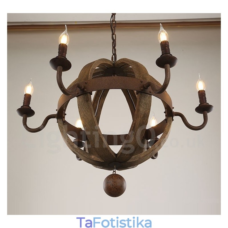 Country Vintage Ξύλινο 6 Φωτιστικό Φωτιστικό Πολυέλαιος