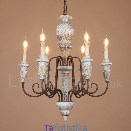 Country Vintage Ξύλινος 6 Φωτεινός Πολυέλαιος Μονής Επίπεδης για Φως Country Vintage Ξύλινος 6 Φωτεινός Πολυέλαιος Μονής Επίπεδης για Φως