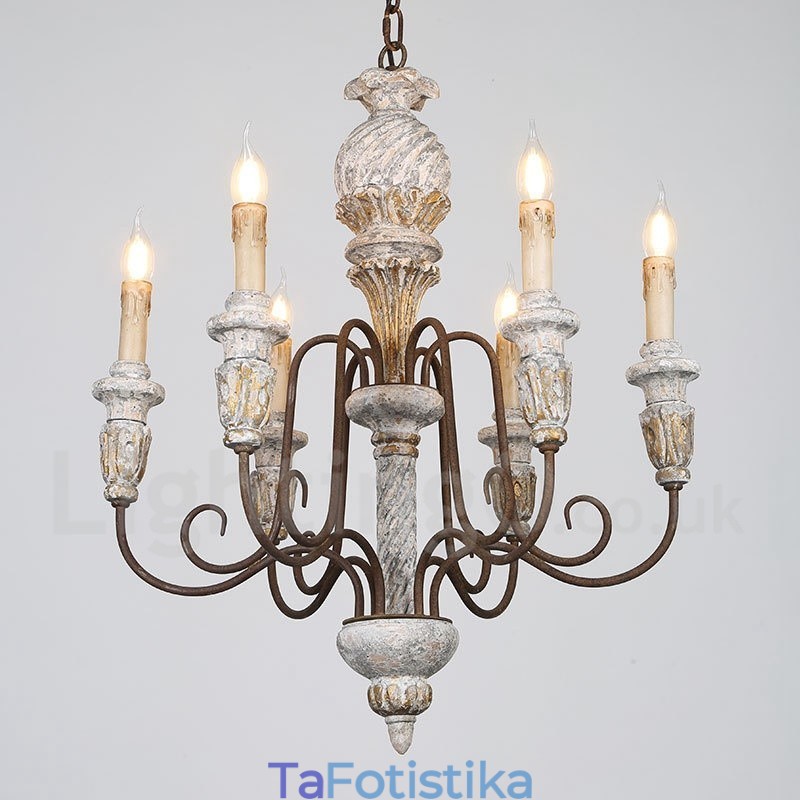 Country Vintage Ξύλινος 6 Φωτεινός Πολυέλαιος Μονής Επίπεδης για Φως