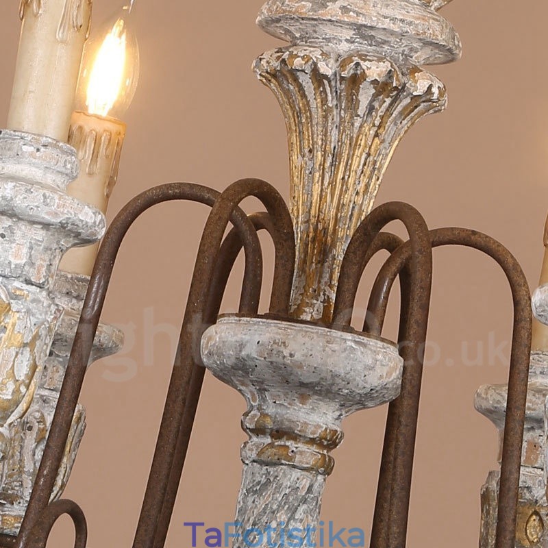 Country Vintage Ξύλινος 6 Φωτεινός Πολυέλαιος Μονής Επίπεδης για Φως