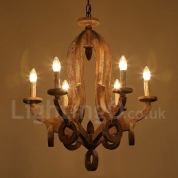 Country Wooden Vintage 6 Light Πολυέλαιος Μονής Επίπεδης Ξύλο Φωτιστικό