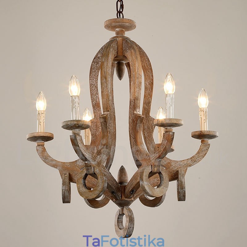 Country Wooden Vintage 6 Light Πολυέλαιος Μονής Επίπεδης Ξύλο Φωτιστικό