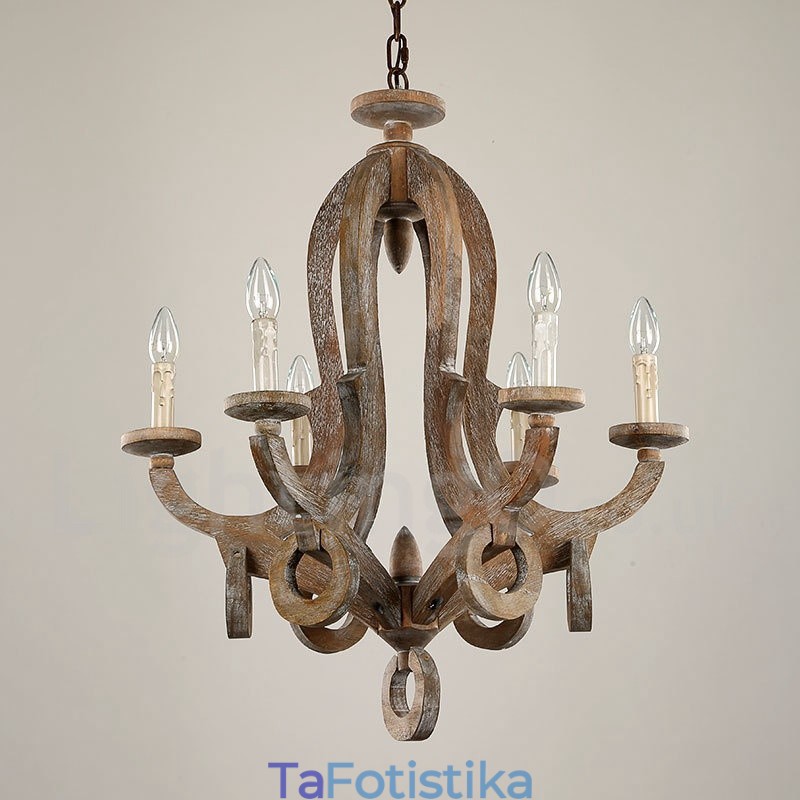 Country Wooden Vintage 6 Light Πολυέλαιος Μονής Επίπεδης Ξύλο Φωτιστικό