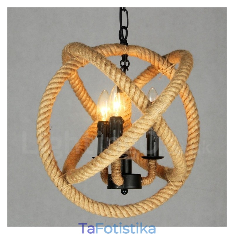 Country Hemp Rope 3 Light Vintage Κρεμαστό Φωτιστικό