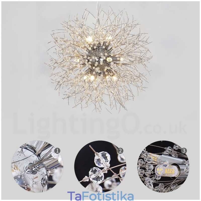 Firework Globe Dandelion Chrome με κρυστάλλινο μεταλλικό πολυέλαιο