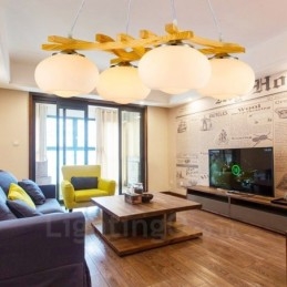 Κρεμαστό φωτιστικό 4 Ανοιχτό Ξύλο Rustic Lodge με γυάλινη απόχρωση