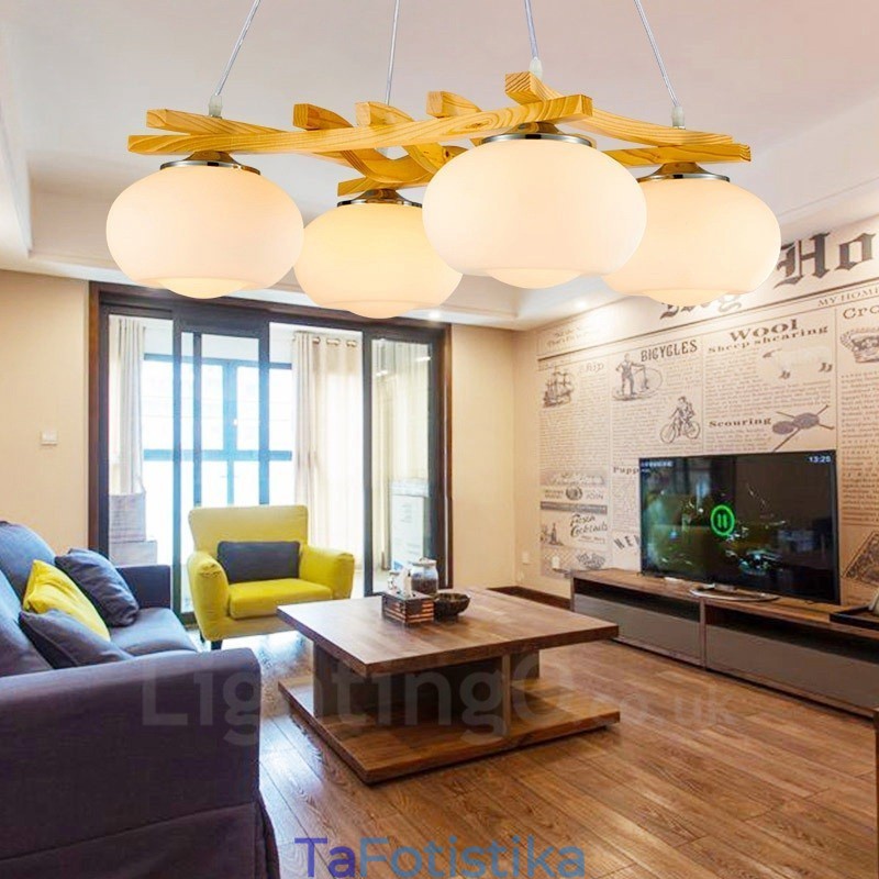 Κρεμαστό φωτιστικό 4 Ανοιχτό Ξύλο Rustic Lodge με γυάλινη απόχρωση