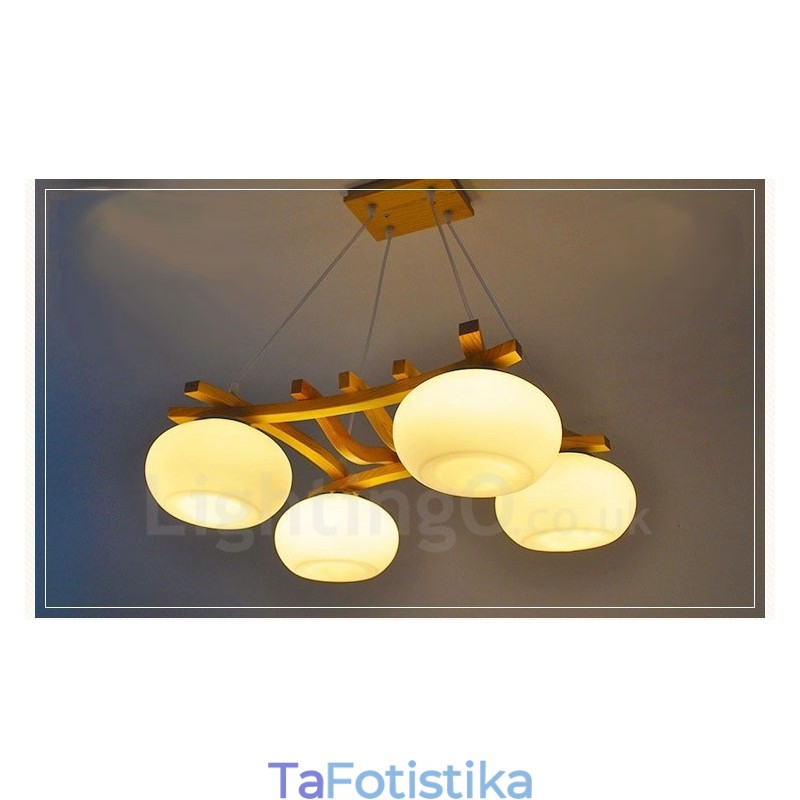 Κρεμαστό φωτιστικό 4 Ανοιχτό Ξύλο Rustic Lodge με γυάλινη απόχρωση