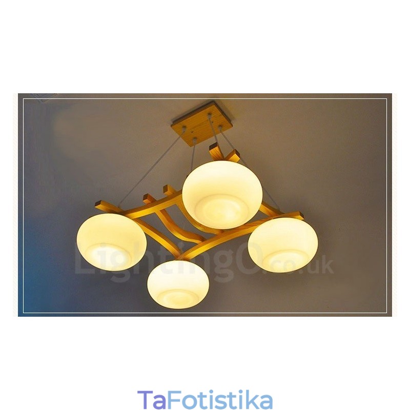 Κρεμαστό φωτιστικό 4 Ανοιχτό Ξύλο Rustic Lodge με γυάλινη απόχρωση