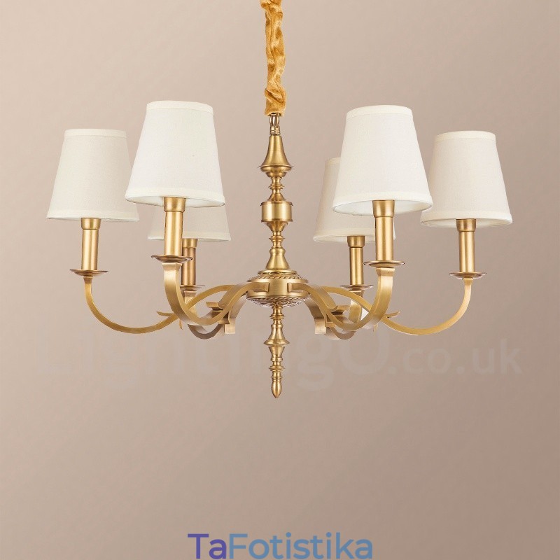 6 ελαφρύ ρετρό ρουστίκ πολυτελές ορειχάλκινο κρεμαστό φωτιστικό πολυέλαιος με υφασμάτινη απόχρωση