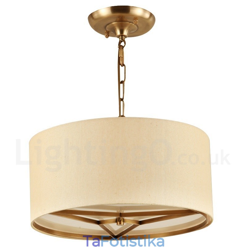 Πολυέλαιος κρεμαστός φωτιστικό 4 ελαφρύ τύμπανο Ρετρό Ρουστίκ πολυτελείας ορείχαλκου με υφασμάτινη σκιά