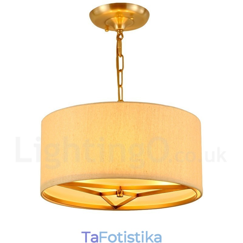 Πολυέλαιος κρεμαστός φωτιστικό 4 ελαφρύ τύμπανο Ρετρό Ρουστίκ πολυτελείας ορείχαλκου με υφασμάτινη σκιά