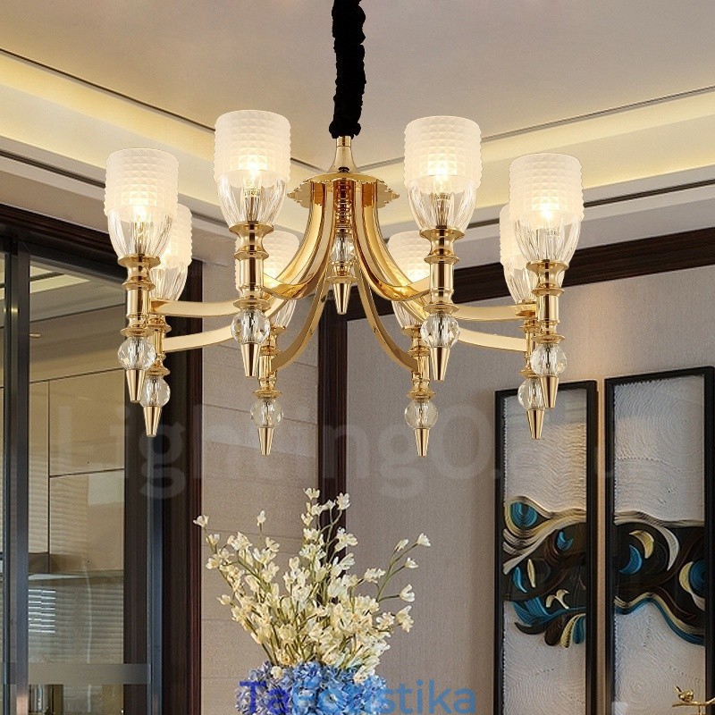 Πολυέλαιος Mediterranean 8 Light Steel με Γυάλινη Απόχρωση