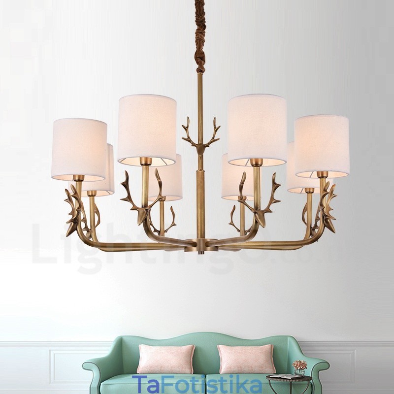 Rustic Lodge 8 Light Brass Chandelier με Υφασμάτινη Απόχρωση