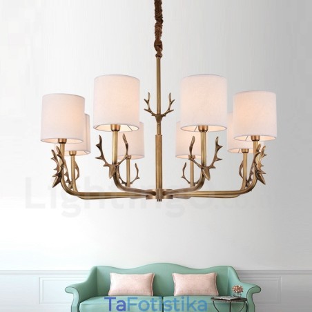 Rustic Lodge 8 Light Brass Chandelier με Υφασμάτινη Απόχρωση