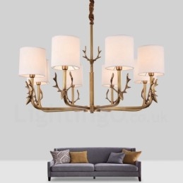 Rustic Lodge 8 Light Brass Chandelier με Υφασμάτινη Απόχρωση