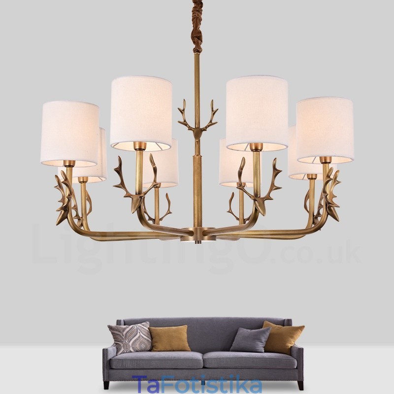 Rustic Lodge 8 Light Brass Chandelier με Υφασμάτινη Απόχρωση