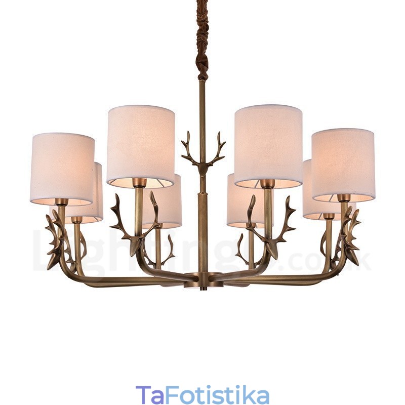 Rustic Lodge 8 Light Brass Chandelier με Υφασμάτινη Απόχρωση