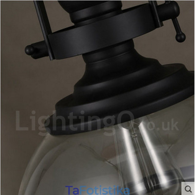 Retro 1 Light Steel Κρεμαστό Φωτιστικό με Γυάλινη Σκιά