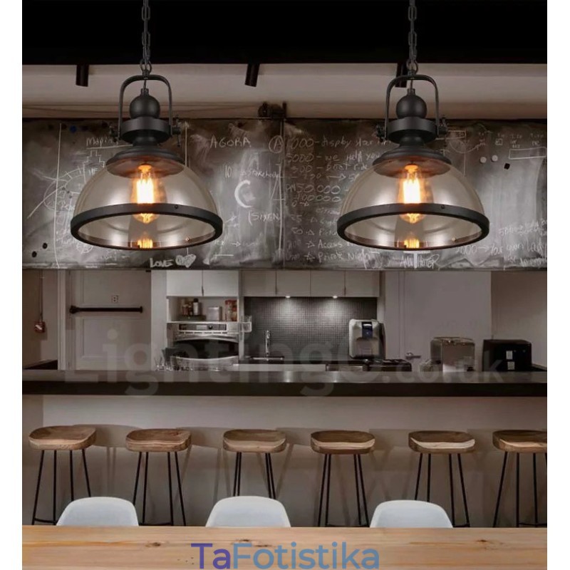 Retro 1 Light Steel Κρεμαστό Φωτιστικό με Γυάλινη Σκιά