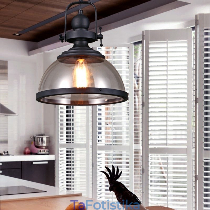 Retro 1 Light Steel Κρεμαστό Φωτιστικό με Γυάλινη Σκιά