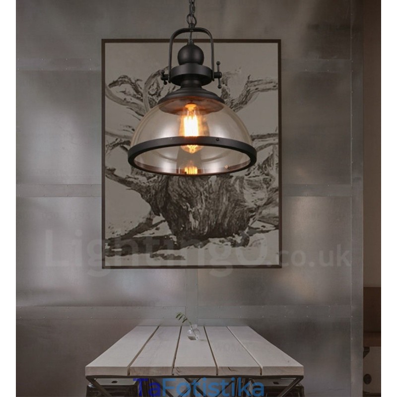Retro 1 Light Steel Κρεμαστό Φωτιστικό με Γυάλινη Σκιά