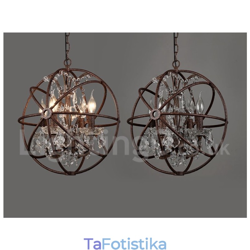 4 Φωτιστικό Διάμετρος 40cm Vintage Κρυστάλλινη Σφαίρα Ζωγραφική Μεταλλικός πολυέλαιος Σκουριασμένο έγχρωμο κρεμαστό φως