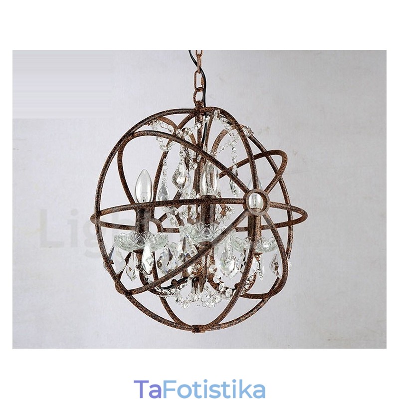 4 Φωτιστικό Διάμετρος 40cm Vintage Κρυστάλλινη Σφαίρα Ζωγραφική Μεταλλικός πολυέλαιος Σκουριασμένο έγχρωμο κρεμαστό φως
