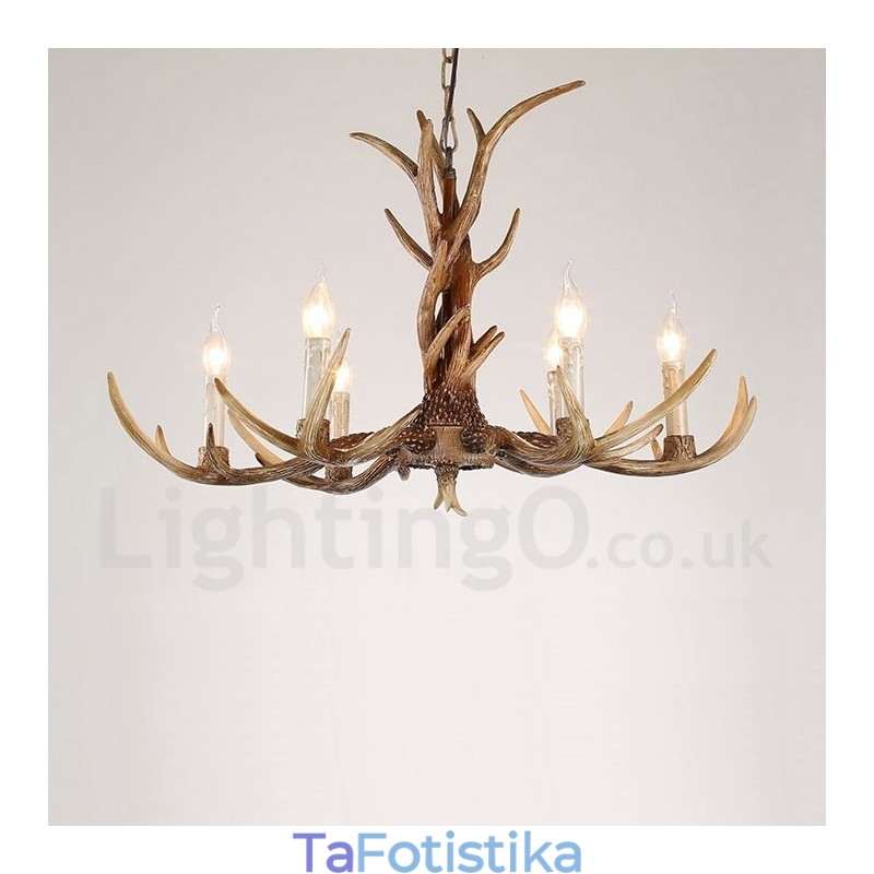 Πολυέλαιος 6 Light Rustic Artistic Retro Antler Vintage Κερί