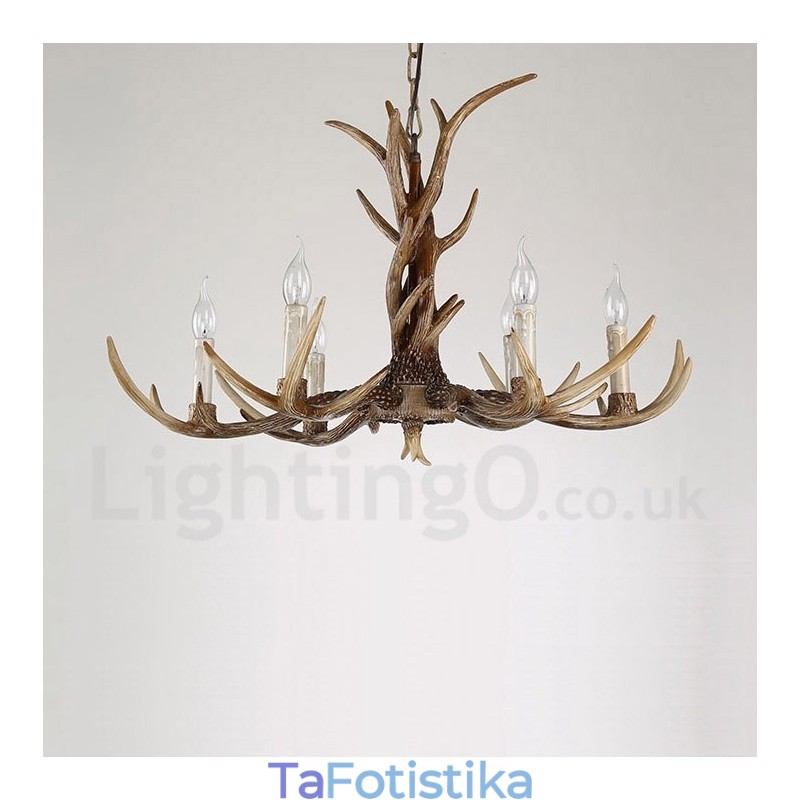 Πολυέλαιος 6 Light Rustic Artistic Retro Antler Vintage Κερί