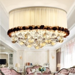 Σύγχρονο μοντέρνο 50cm Round Flush Mount Crystal Φωτιστικά Οροφής Υφασμάτινη σκιά