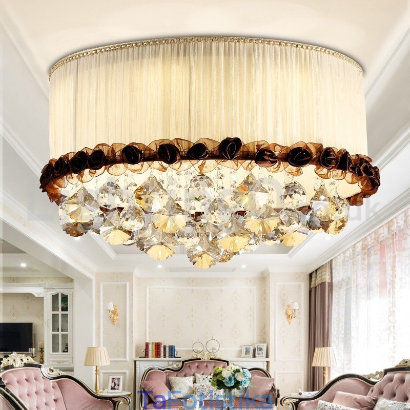 Σύγχρονο μοντέρνο 50cm Round Flush Mount Crystal Φωτιστικά Οροφής Υφασμάτινη σκιά