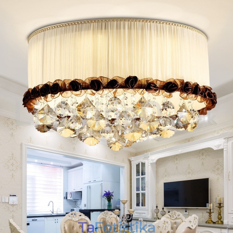 Σύγχρονο μοντέρνο 50cm Round Flush Mount Crystal Φωτιστικά Οροφής Υφασμάτινη σκιά