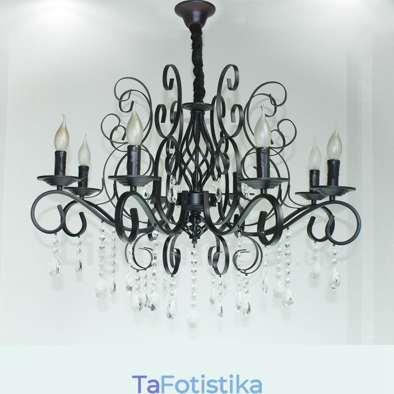 Πολυέλαιος 8 Light Crystal Rustic Retro Vintage Μαύρο Κρεμαστό Κερί