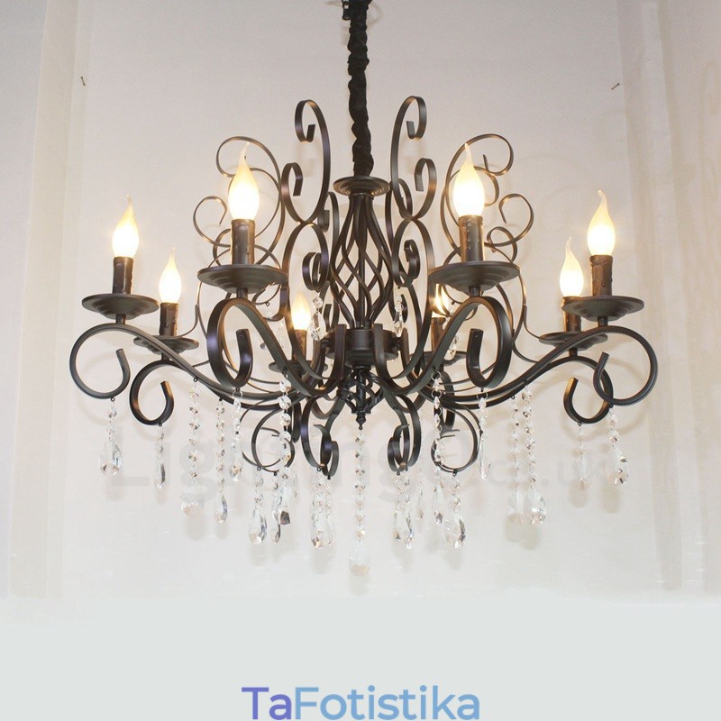 Πολυέλαιος 8 Light Crystal Rustic Retro Vintage Μαύρο Κρεμαστό Κερί