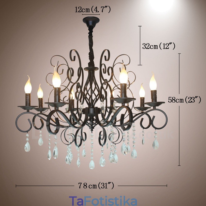 Πολυέλαιος 8 Light Crystal Rustic Retro Vintage Μαύρο Κρεμαστό Κερί
