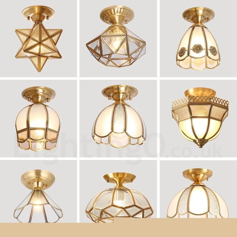 Καθαρό ορείχαλκο Rustic Lodge Nordic Style Flush Mount φωτιστικό οροφής με γυάλινη σκιά