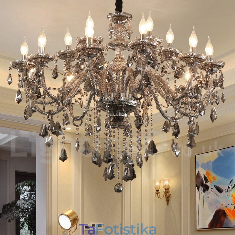 Μεγάλος πολυέλαιος 18 Lights Retro Grey Color K9 Crystal Candle Large Chandelier