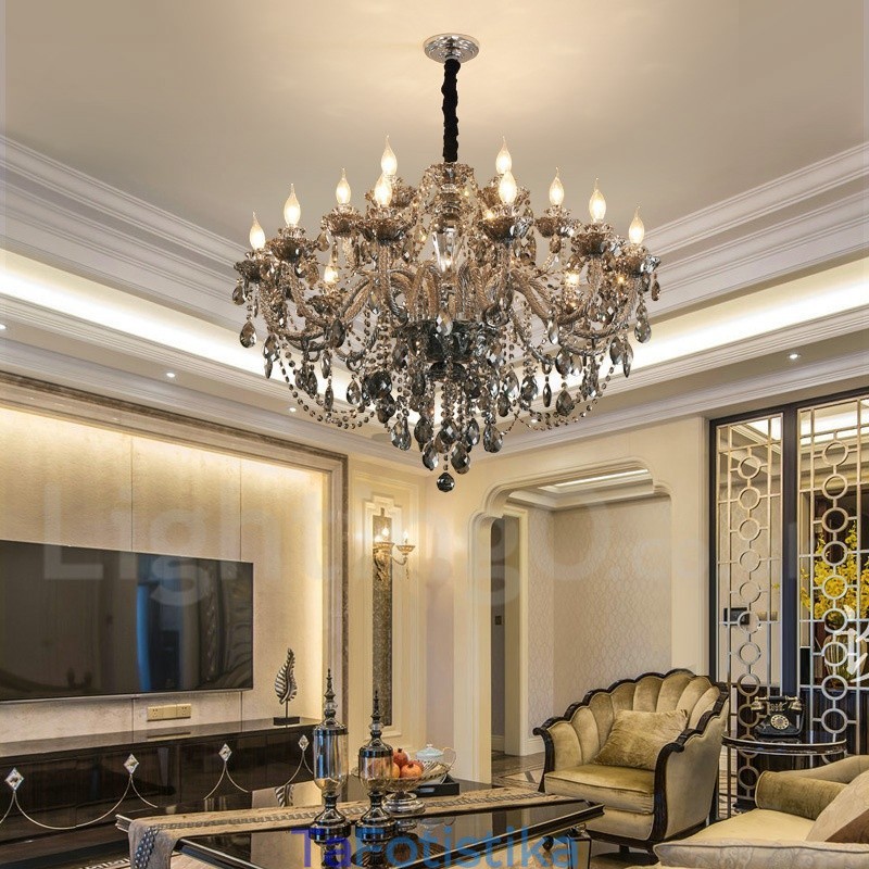 Μεγάλος πολυέλαιος 18 Lights Retro Grey Color K9 Crystal Candle Large Chandelier