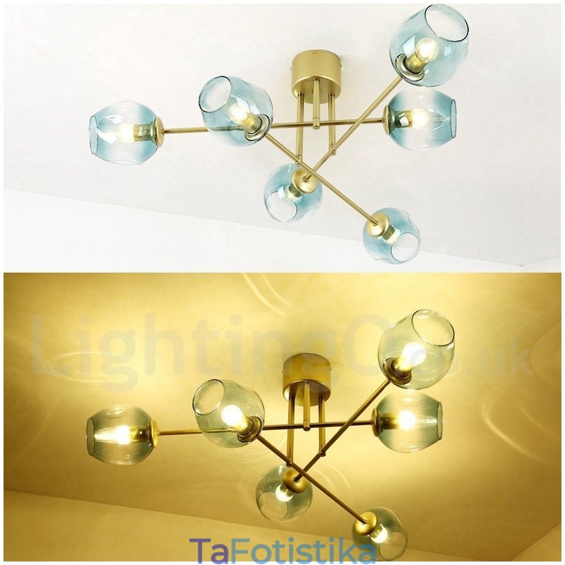Πολυέλαιος 6 Light Rustic Lodge από ανοξείδωτο ατσάλι με διαφανείς ή μπλε αποχρώσεις από γυαλί