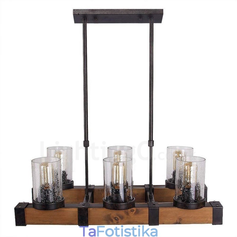 6 Light Vintage Ξύλινος Πολυέλαιος Industrial Wind Loft Wood Γραμμικό κρεμαστό φωτιστικό