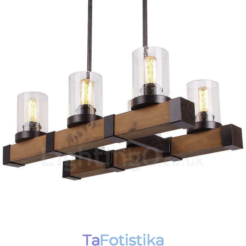 6 Light Vintage Ξύλινος Πολυέλαιος Industrial Wind Loft Wood Γραμμικό κρεμαστό φωτιστικό