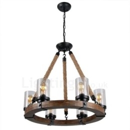 6 Light Ring Vintage Ξύλινος Πολυέλαιος Industrial Wind Loft Wood Γραμμικό κρεμαστό φωτιστικό
